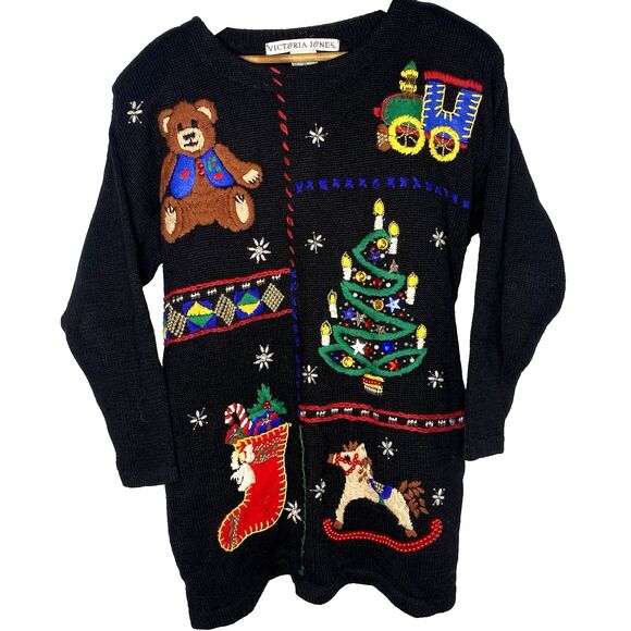 Vtg VICTORIA JONES Tunic Sweater Beaded Ugly Christmas Holiday Womens M Black - Picture 1 of 12